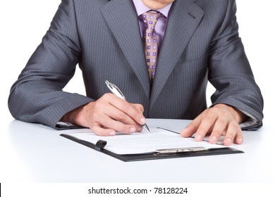 Businessman In Elegant Suits Working With Documents Sign Up Contract Isolated Over White Background