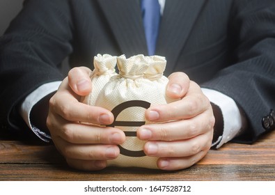Businessman embraces euro money bags. Financing business project or education. Trade, economics. Corruption. Provision financial loan credit. Bank deposit. Budget, tax collection. Subsidies, savings. - Shutterstock ID 1647528712