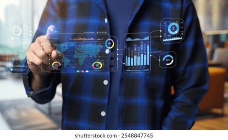 A businessman engaged with a digital data visualization, interacting with global statistics and performance metrics in a modern office setting, showcasing advanced technology.
