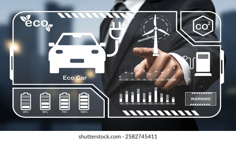 A businessman engages with a futuristic digital display representing an eco car dashboard, showcasing battery levels, renewable energy sources, and carbon metrics.