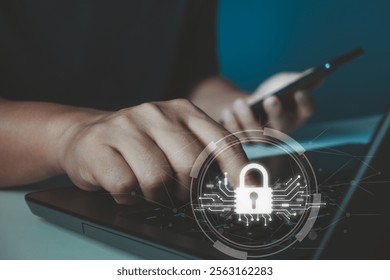 Businessman engaging in cybersecurity measures on Laptop computer, Business in the digital age, Tech security online privacy smart security software global network protection digital business sec