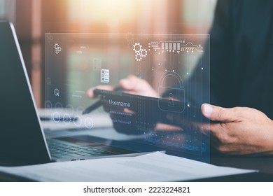 Businessman entering document management system and data files,through security encryption,with cybersecurity technology,Connecting computer network that requires a password and identity verification