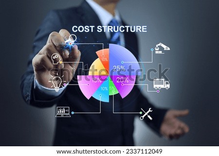 Businessman entrepreneur writing to analysis the cost structure on pie chart include factor such as production, staffing, maintenance transportation and advertising. Analytic dashboard tools.