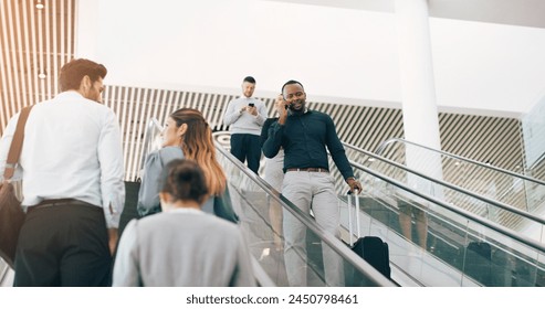 Businessman, escalator and talking with phone call for discussion or communication on work trip. Black man speaking on mobile smartphone in travel with luggage for immigration or new opportunity - Powered by Shutterstock