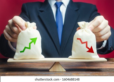 A Businessman Estimates The Ratio Of Income To Expenses. Profitability And Return On Investment And Business Summary. Profit And Costs. Trade Balance. Financial Profit. Fund Management