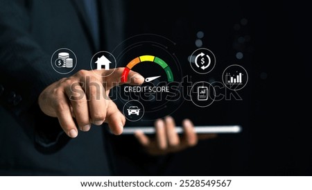 Businessman evaluate customer statistical data with credit score icon. Credit score concept.  Online credit score ranking check. Loan, mortgage and payment cards.