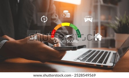 Businessman evaluate customer statistical data with credit score icon. Credit score concept.  Online credit score ranking check. Loan, mortgage and payment cards.