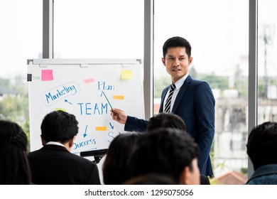 Businessman is explaining works to officers while training together at the office. - Shutterstock ID 1295075056
