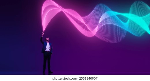 Businessman explores dynamic wave of data in digital setting against gradient background in neon light. data flow. Presentation. Concept of information, connection, network, business, technology. ad