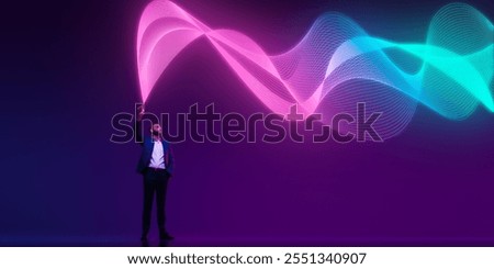 Businessman explores dynamic wave of data in digital setting against gradient background in neon light. data flow. Presentation. Concept of information, connection, network, business, technology. ad