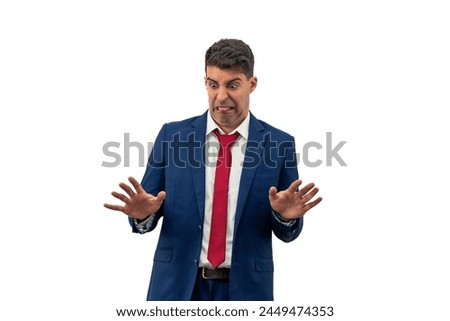 businessman extends his hands in gesture of repugnance and rejection. With a look of distaste and aversion, he embodies corporate displeasure and disdain, expressing clear revulsion white background