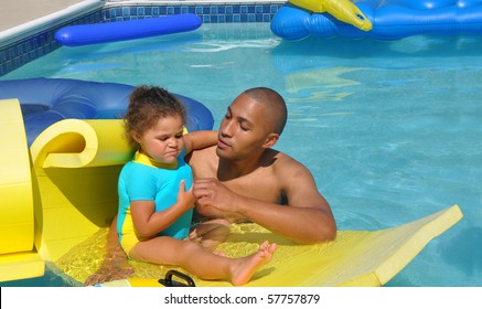  Businessman Family Vacation Swimming In Hotel Pool With Preschooler