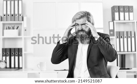 Businessman feel pain headache. Stressful life. Experience frequent headaches or migraine attacks. Job one of biggest stressors in life. Stress reduction mechanisms. Business man suffer headache
