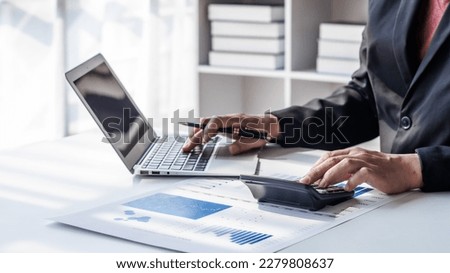 Businessman, financial auditor and secretary doing balance calculation report The Revenue Department checks the documents. Audit concept