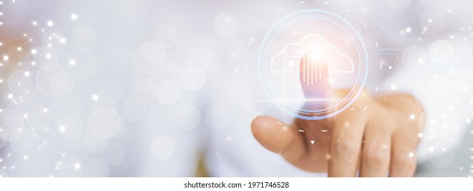Businessman finger touch cloud icon solution network,connection data cloud computing platform,digital access information network big data technology,concept infrastructure digital business service
