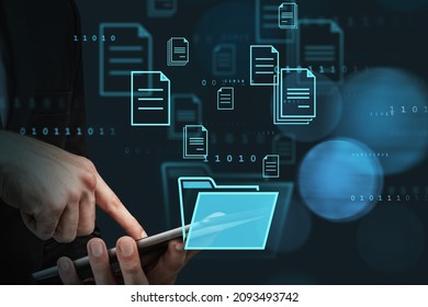 Businessman finger touch digital device, hud hologram with office document icons and binary. Storage of personal data information, online database. Concept of cloud service