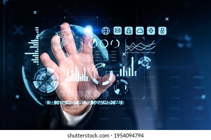 Businessman finger touch hud, virtual screen with stock market changes, business bar chart. Double exposure of lines, pie chart and graphs. Concept of online trading - Shutterstock ID 1954094794