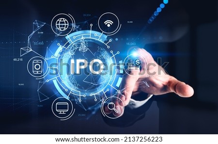 Businessman finger touch initial public offering, IPO hologram with circuit, financial trade. Concept of exchange and investment.