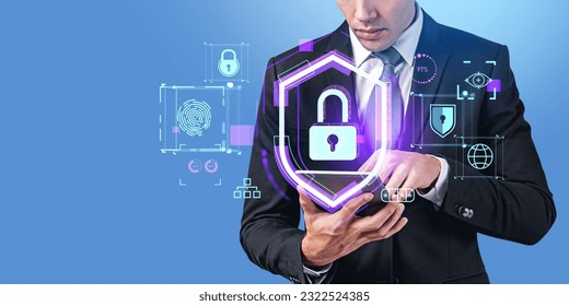 Businessman finger touch tablet, double exposure glowing cybersecurity icons hud with padlock and shield, biometric scanning and password. Concept of authentication and internet privacy