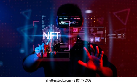 businessman finger touch virtual screen, NFT token digital crypto art blockchain technology concept. - Shutterstock ID 2104491302