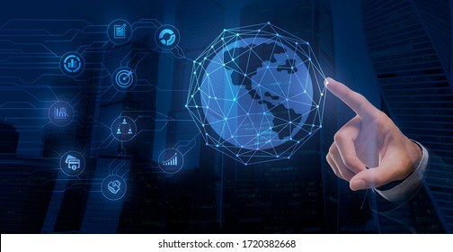 Businessman finger touching global business network and data exchanges over the world, 3d rendering