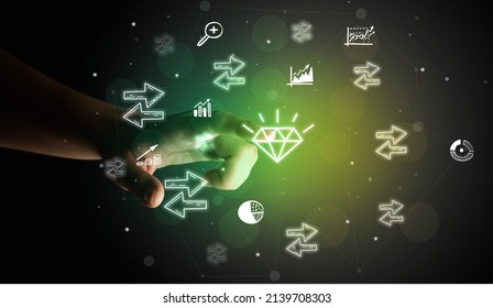 Businessman finger touching on screen multimedia interface with hand drawn currency icons - Powered by Shutterstock