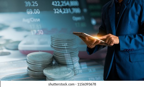 Businessman Finger Touching Tablet With Finance And Banking Profit Graph Of Stock Market Trade Indicator Financial