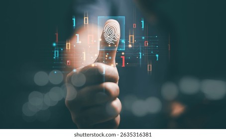 Businessman fingerprint scan and biometric authentication. Concept of surveillance and security scan for digital cyber futuristic applications. Innovation for protection from digital cybercrime.