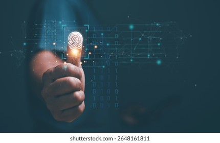 Businessman fingerprint scan and biometric authentication. Concept of surveillance and security scan for digital cyber futuristic applications. Innovation for protection from digital cybercrime.