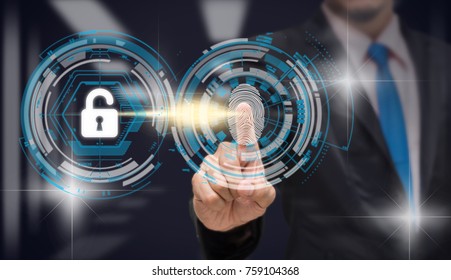 Businessman Fingerprint scan for biometric authentication to unlock security over the blurred data center server room background, Business Technology sceurity Concept.  - Shutterstock ID 759104368