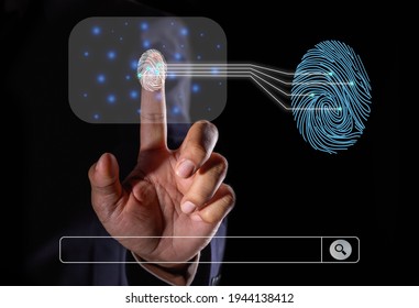 Businessman Fingerprint scanning. Handprint. Closed Padlock on digital background, Background conceptual image of digital. a blank search bar, digital Cyber Technology. scan virus computer.