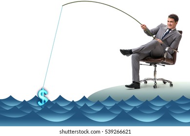 Businessman fishing out dollars from water