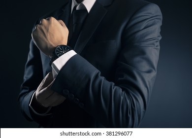 Businessman Fixing Cufflinks His Suit