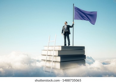 Businessman With Flag Standing On Abstract Book Stack With Ladder On Sky And Clouds Background. Growth And Leadership Concept