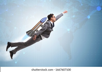 Businessman flying with rocket in funny business concept