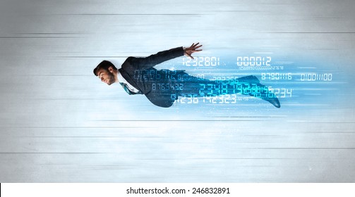 Businessman Flying Super Fast With Data Numbers Left Behind Concept