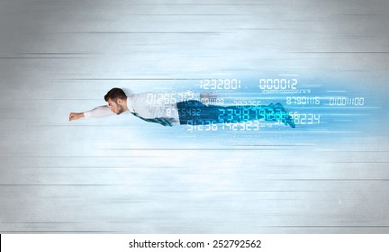 Businessman Flying Super Fast With Data Numbers Left Behind Concept