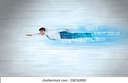 Businessman Flying Super Fast With Data Numbers Left Behind Concept