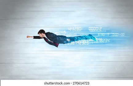 Businessman Flying Super Fast With Data Numbers Left Behind Concept