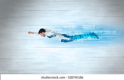 Businessman Flying Super Fast With Data Numbers Left Behind Concept