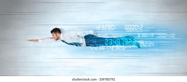 Businessman Flying Super Fast With Data Numbers Left Behind Concept