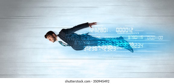 Businessman Flying Super Fast With Data Numbers Left Behind Concept