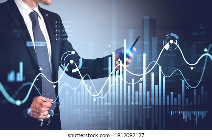 Businessman In Formal Suit Checking Stock Market Rates In Smartphone. Hologram Charts. Business And Financial Success Concept. Double Exposure. Forex Graph