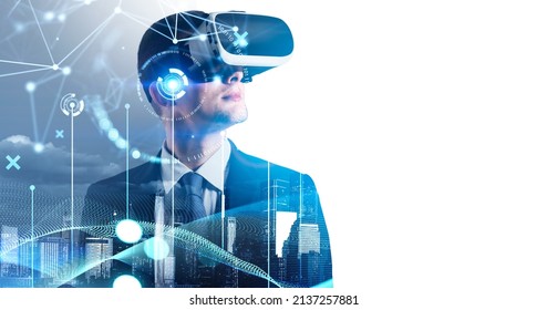 Businessman in formal suit is wearing vr helmet. Digital interface with hologram of pie diagram and binary code in foreground. City skyscrapers in background. Concept of virtual reality and business