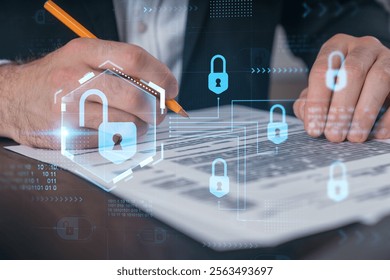 Businessman in formal wear taking notes signing contract at office workplace. Concept of important working moments, document sign, working process, concentration. Hands shot. Lock hologram
