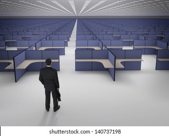 Businessman In Front Of Endless Office Cubicles. Recruitment. Burn Out At Work. Crisis And Unemployment.