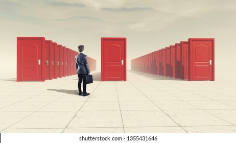 Businessman In Front Of Multiple Doors . The Concept Of Hard Choices.