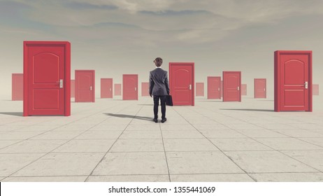 Businessman In Front Of Multiple Doors . The Concept Of Hard Choices.