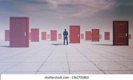 Businessman In Front Of Multiple Doors . The Concept Of Hard Choices.