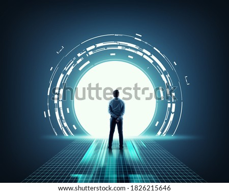 Businessman in front of a portal . Big data information server .